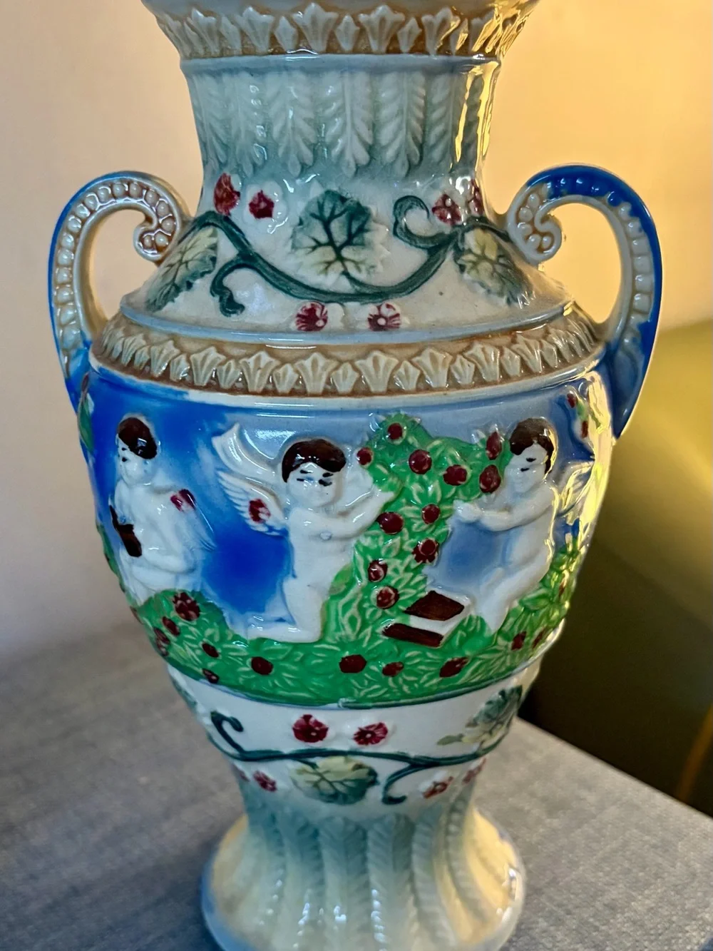 Source Unknown Blue and Green Cherub Relief Vases (Pair)